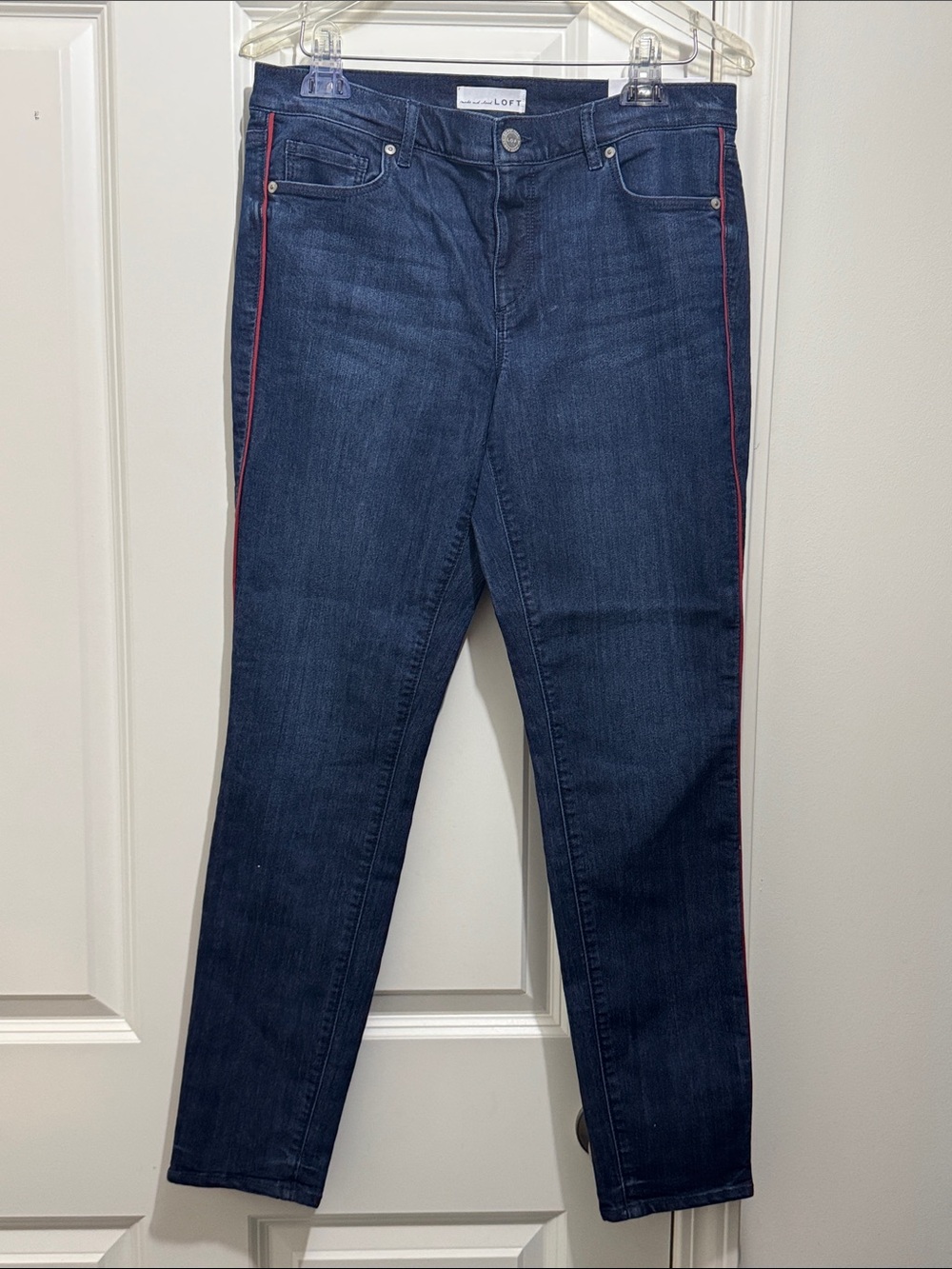 LOFT Dark Blue Skinny Jeans with Red Side Trim
